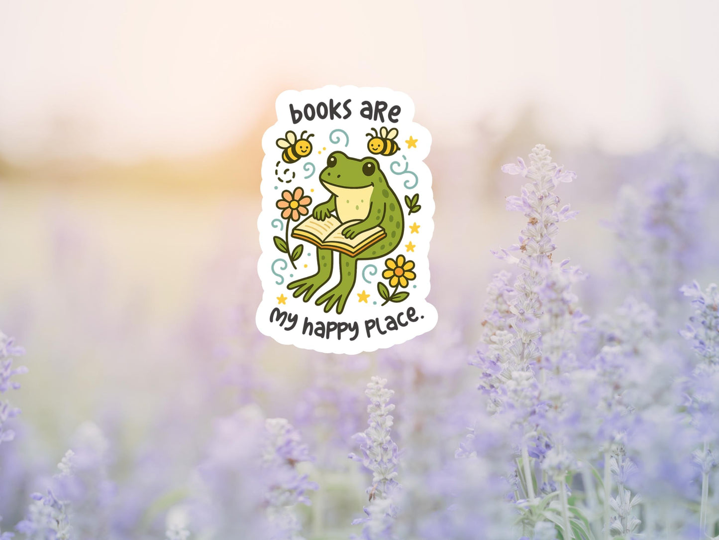 Books Are My Happy Place Frog And Bees Reading Sticker