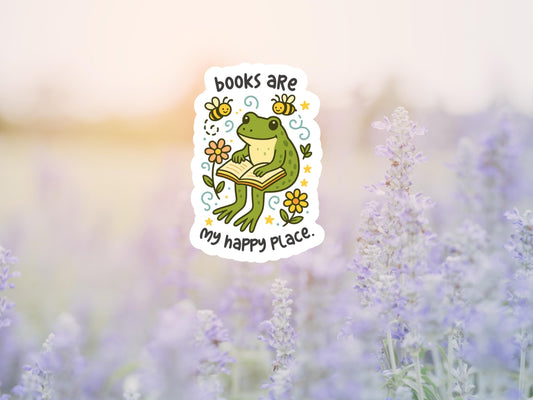 Books Are My Happy Place Frog And Bees Reading Sticker