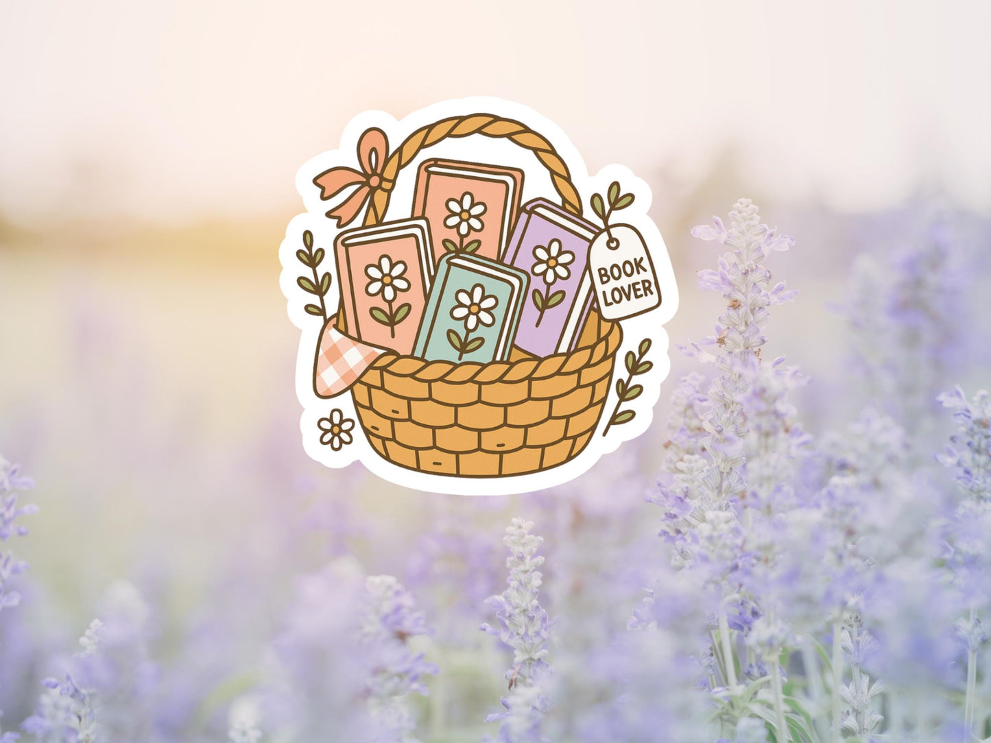 Book Lover Basket Of Books With Flowers Sticker