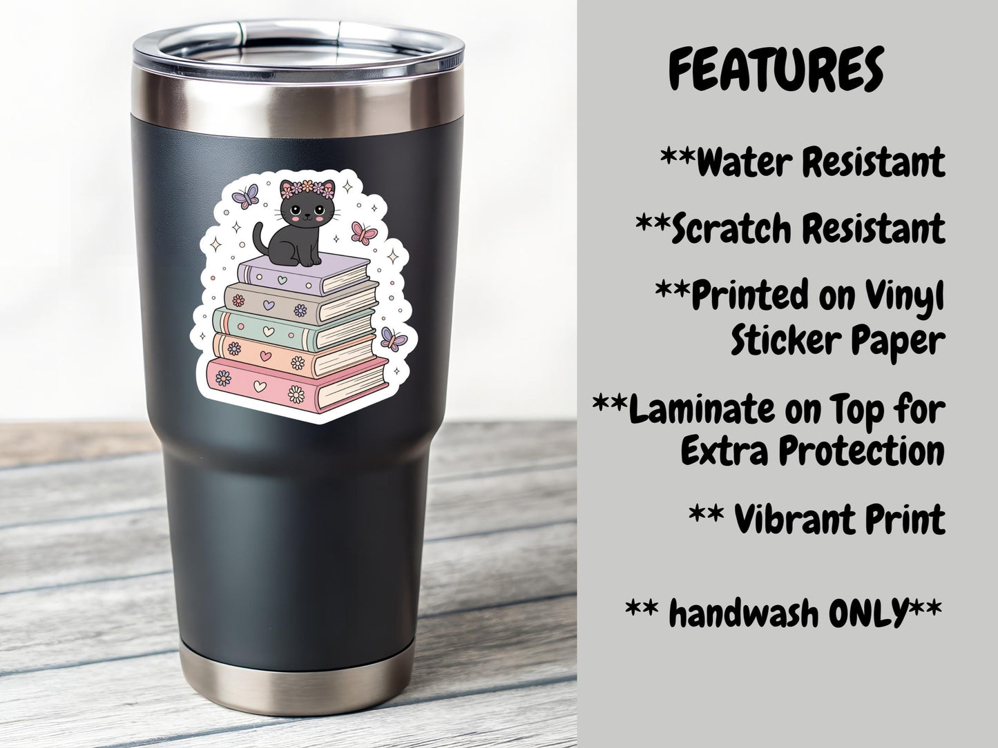 Black Cat Sitting On A Stack Of Books Sticker