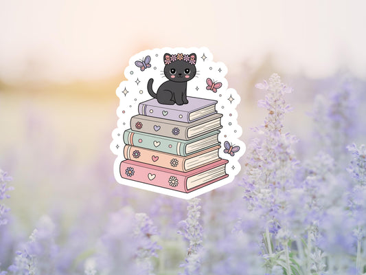Black Cat Sitting On A Stack Of Books Sticker