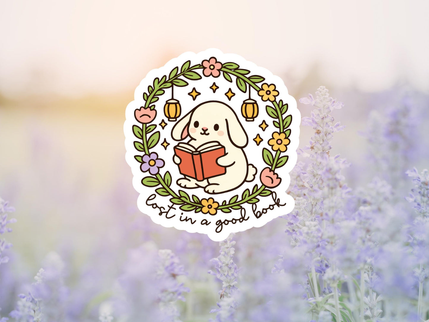 Lost In A Good Book Floral Bunny Sticker