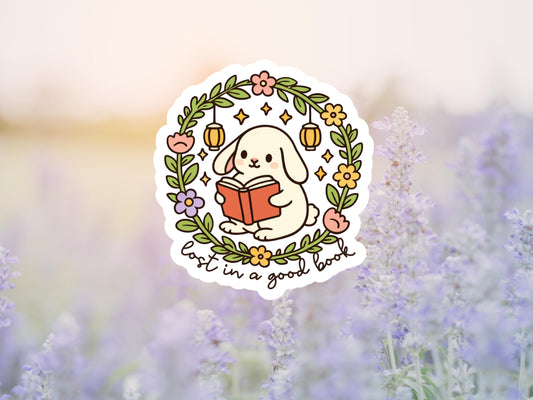 Lost In A Good Book Floral Bunny Sticker