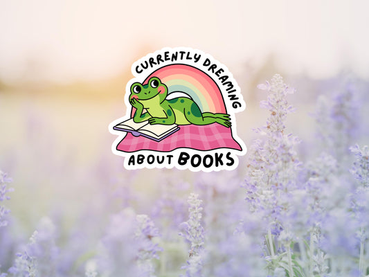 Currently Dreaming About Books Frog Laying Down Sticker