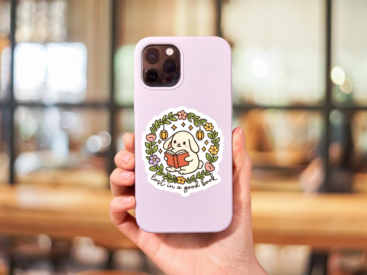 Lost In A Good Book Floral Bunny Sticker
