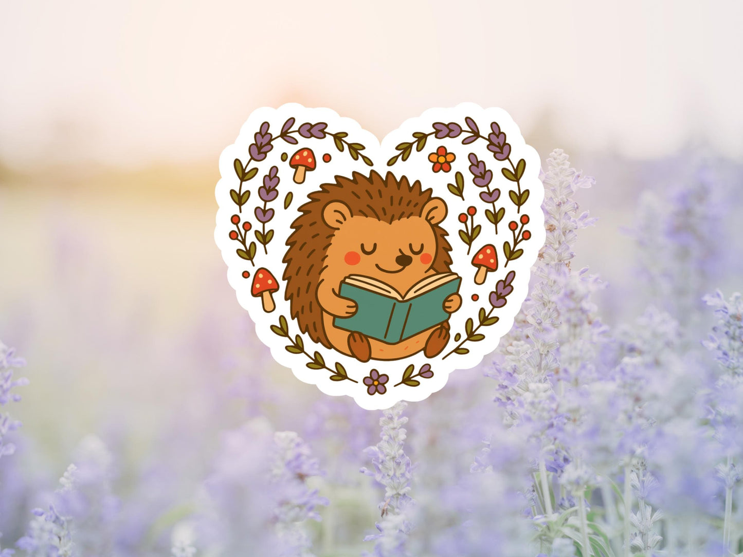 Floral Heart Hedgehog Reading Sticker