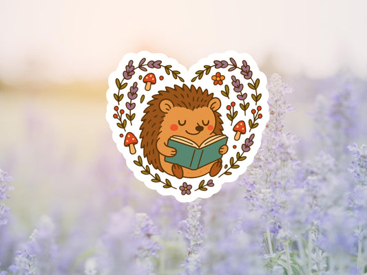 Floral Heart Hedgehog Reading Sticker