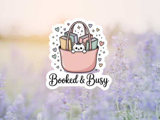 Booked & Busy Cat In Bag Of Books Sticker