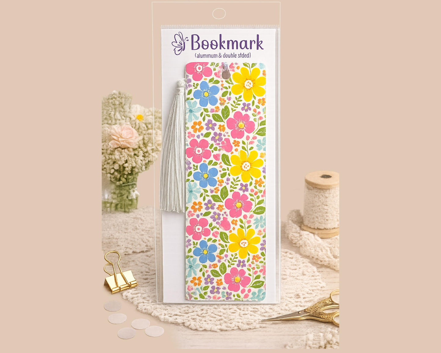 Bright Floral Aluminum Sublimated Bookmark With White Tassel