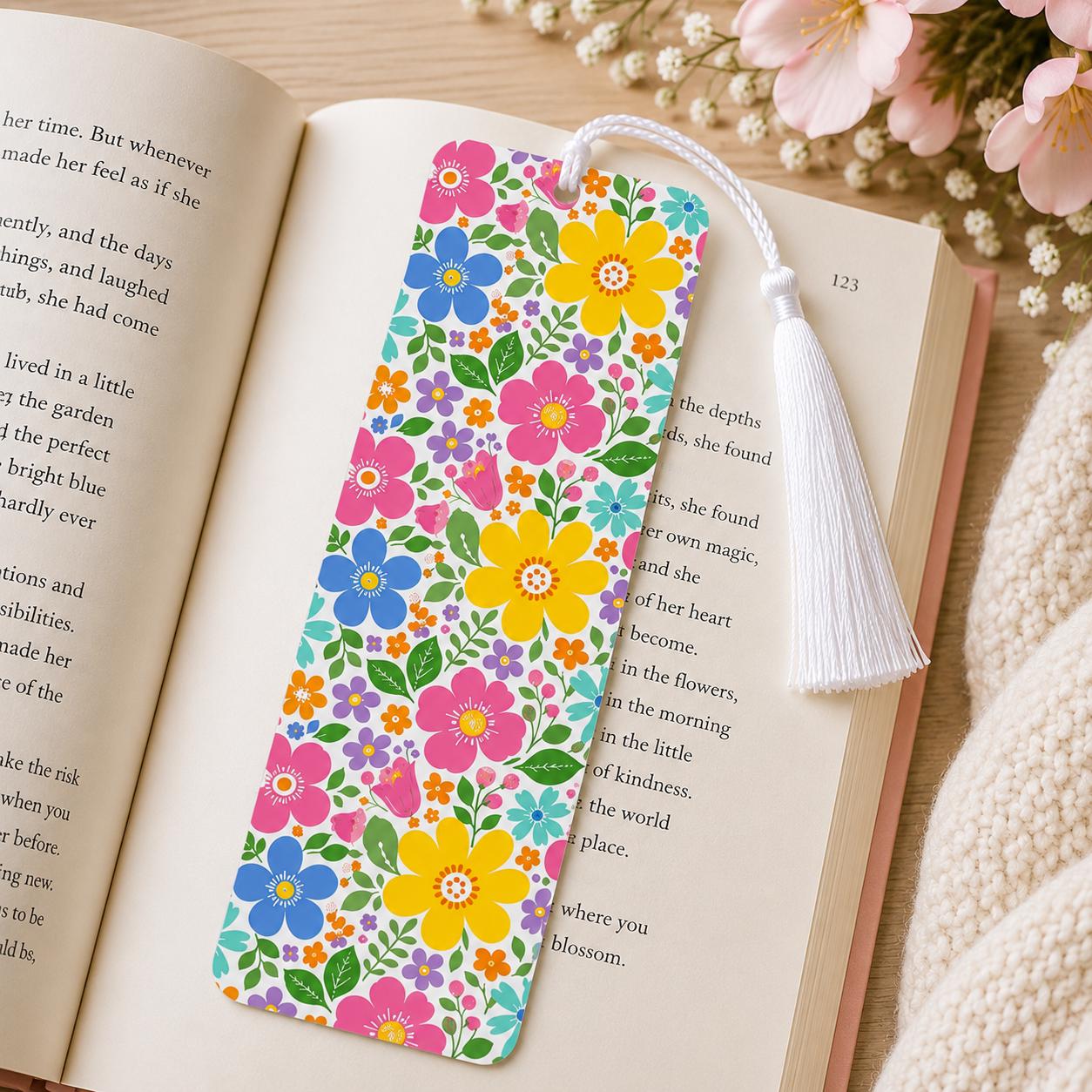 Bright Floral Aluminum Sublimated Bookmark With White Tassel