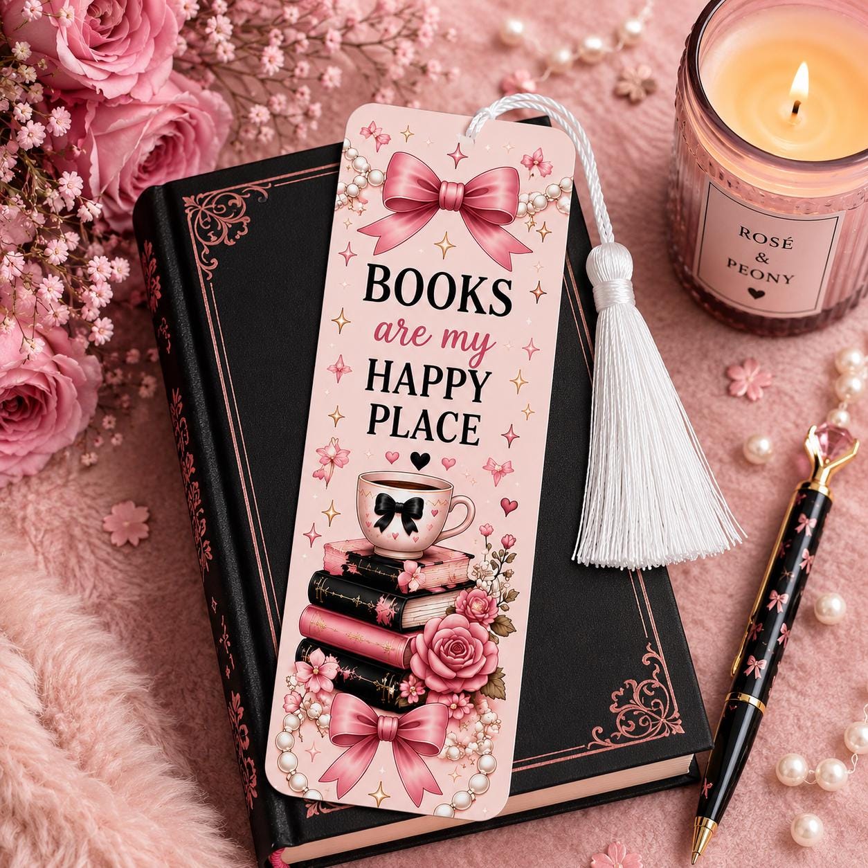 Books Are My Happy Place Bookmark | Double Sided Aluminum Bookmark with White Tassel | Book Lover Gift | Pink Coquette Reader Gift