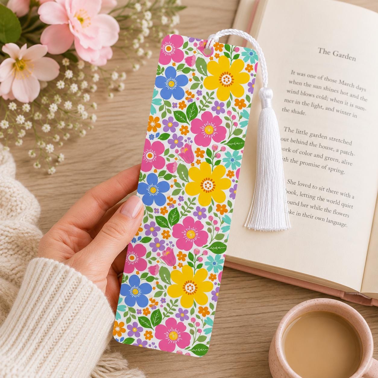 Bright Floral Aluminum Sublimated Bookmark With White Tassel
