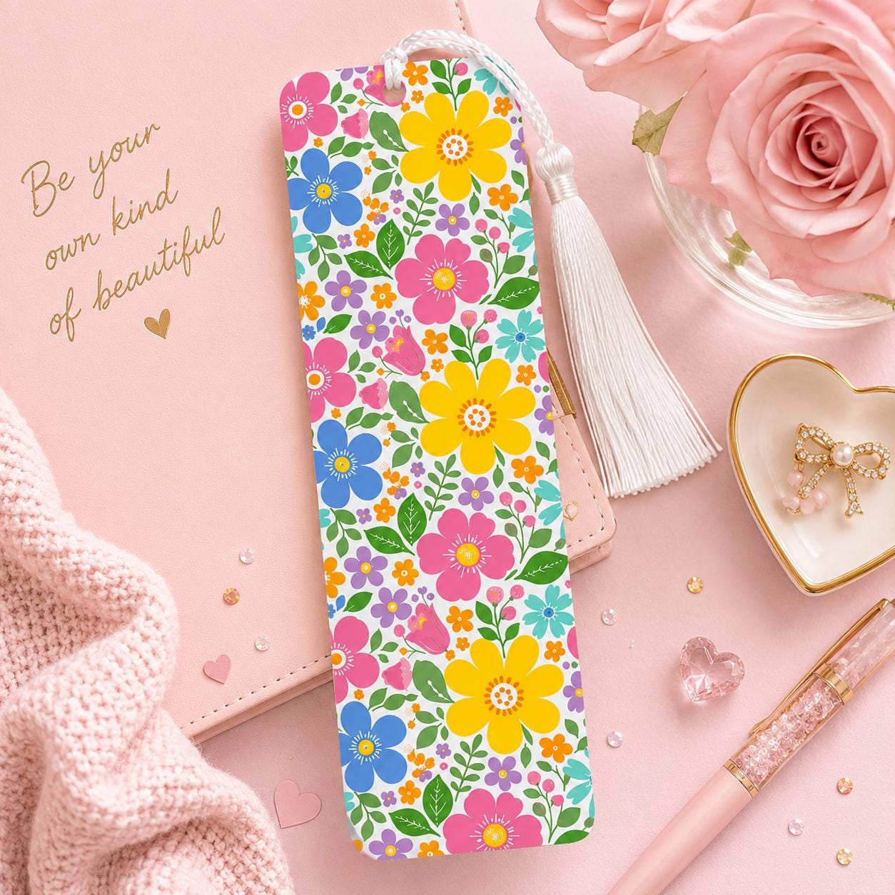 Bright Floral Aluminum Sublimated Bookmark With White Tassel