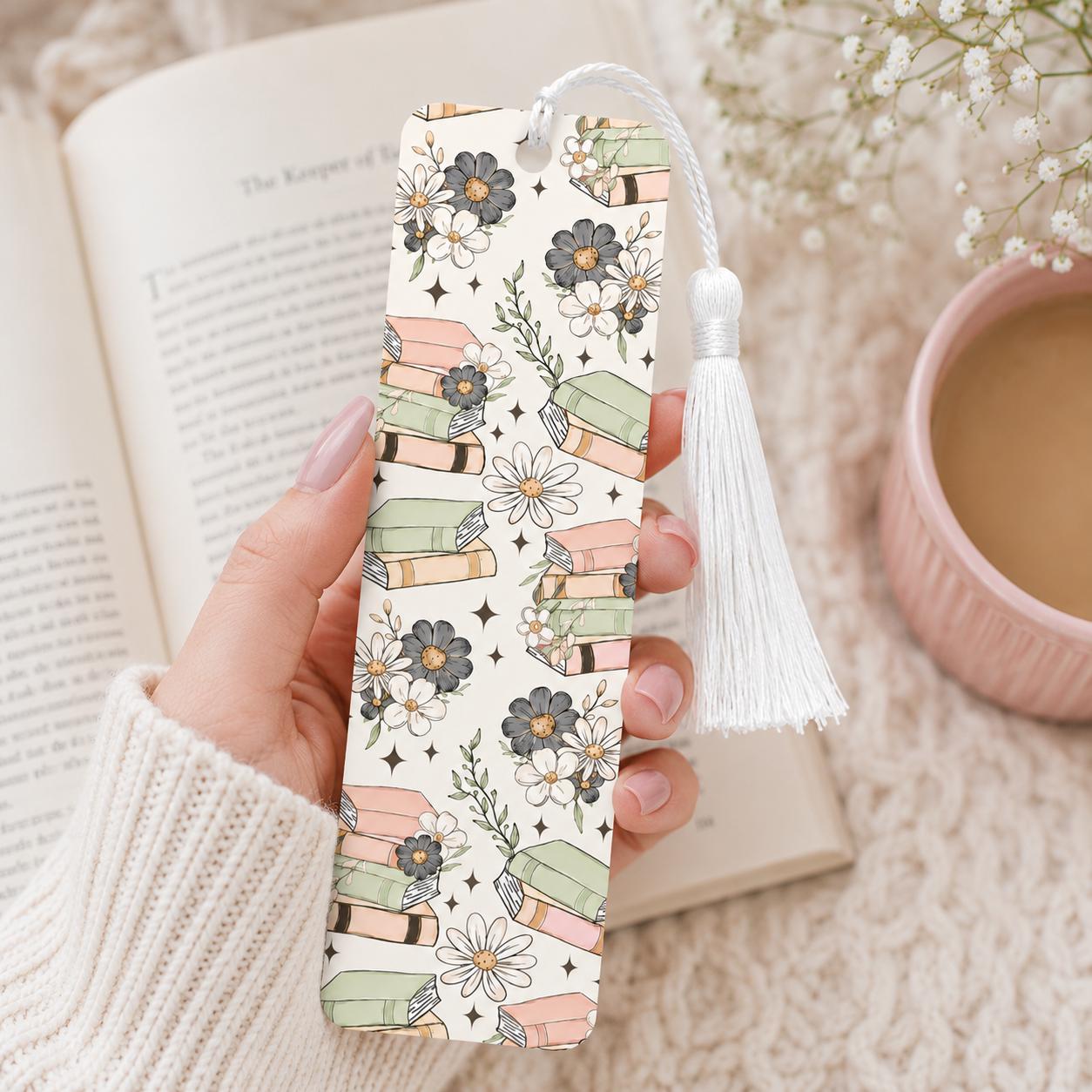 Pastel Floral Book Stack Bookmark | Cute Book Lover Gift | 2x6 Aluminum Bookmark with White Tassel | Reader Gift | Bookish Accessory