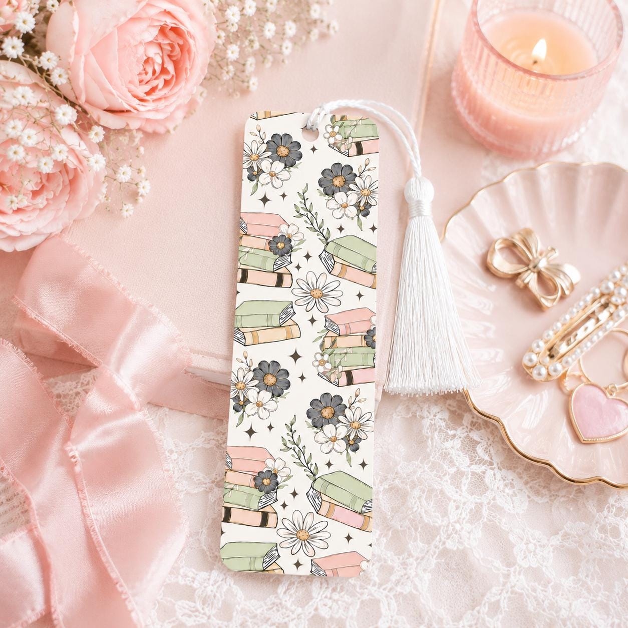 Pastel Floral Book Stack Bookmark | Cute Book Lover Gift | 2x6 Aluminum Bookmark with White Tassel | Reader Gift | Bookish Accessory