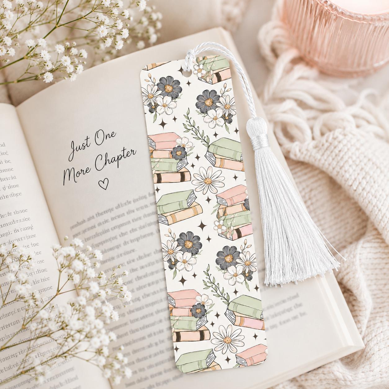 Pastel Floral Book Stack Bookmark | Cute Book Lover Gift | 2x6 Aluminum Bookmark with White Tassel | Reader Gift | Bookish Accessory