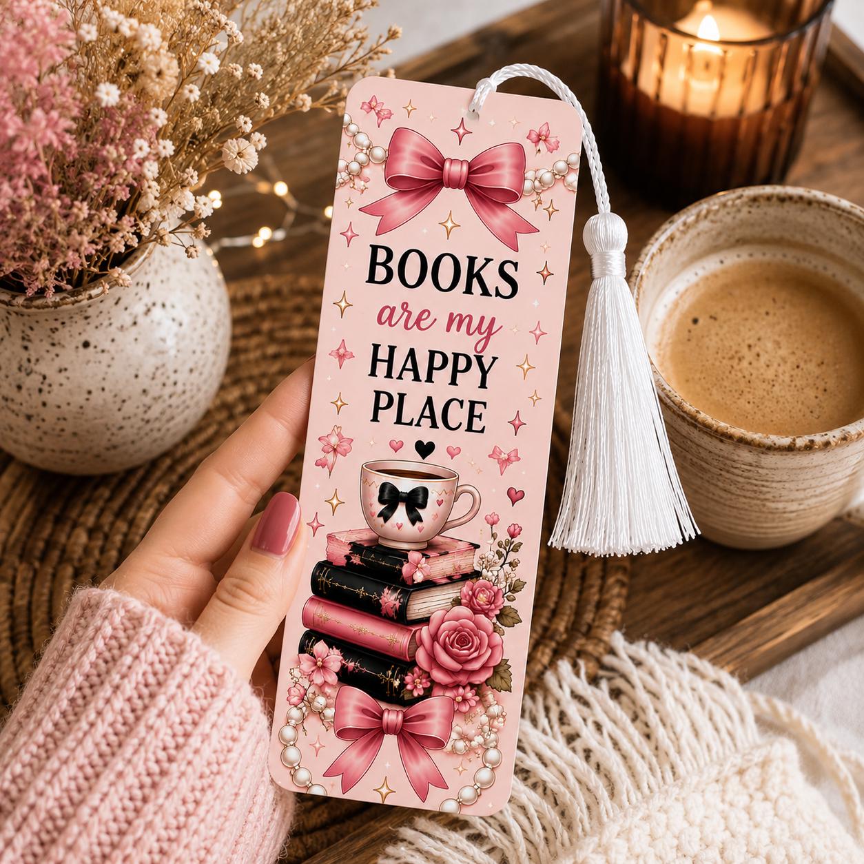 Books Are My Happy Place Bookmark | Double Sided Aluminum Bookmark with White Tassel | Book Lover Gift | Pink Coquette Reader Gift