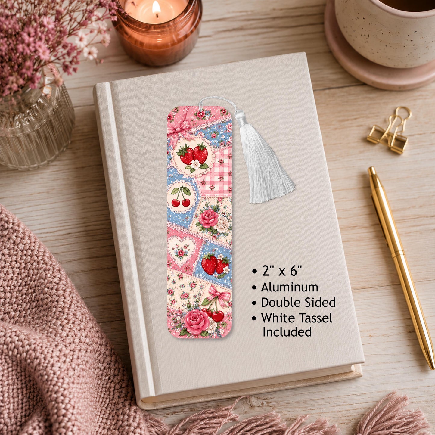Strawberry And Rose Quilt Aluminum Bookmark