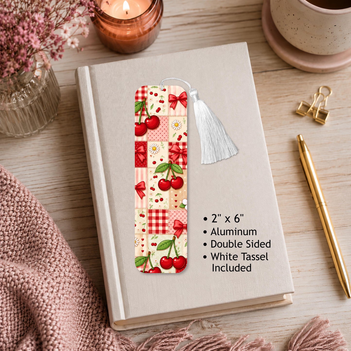 Cherry And Daisy Patchwork Aluminum Bookmark