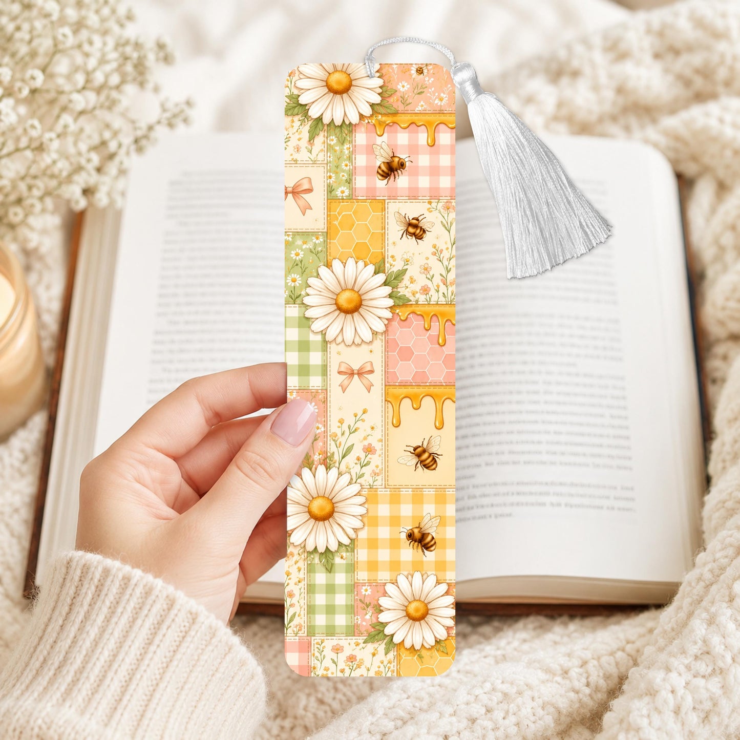 Daisy And Bees Patchwork Aluminum Bookmark