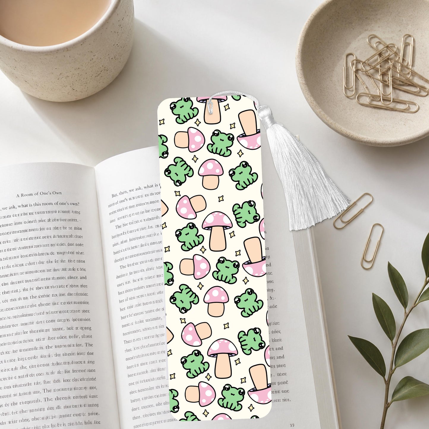 Green Frog And Mushrooms Aluminum Bookmark