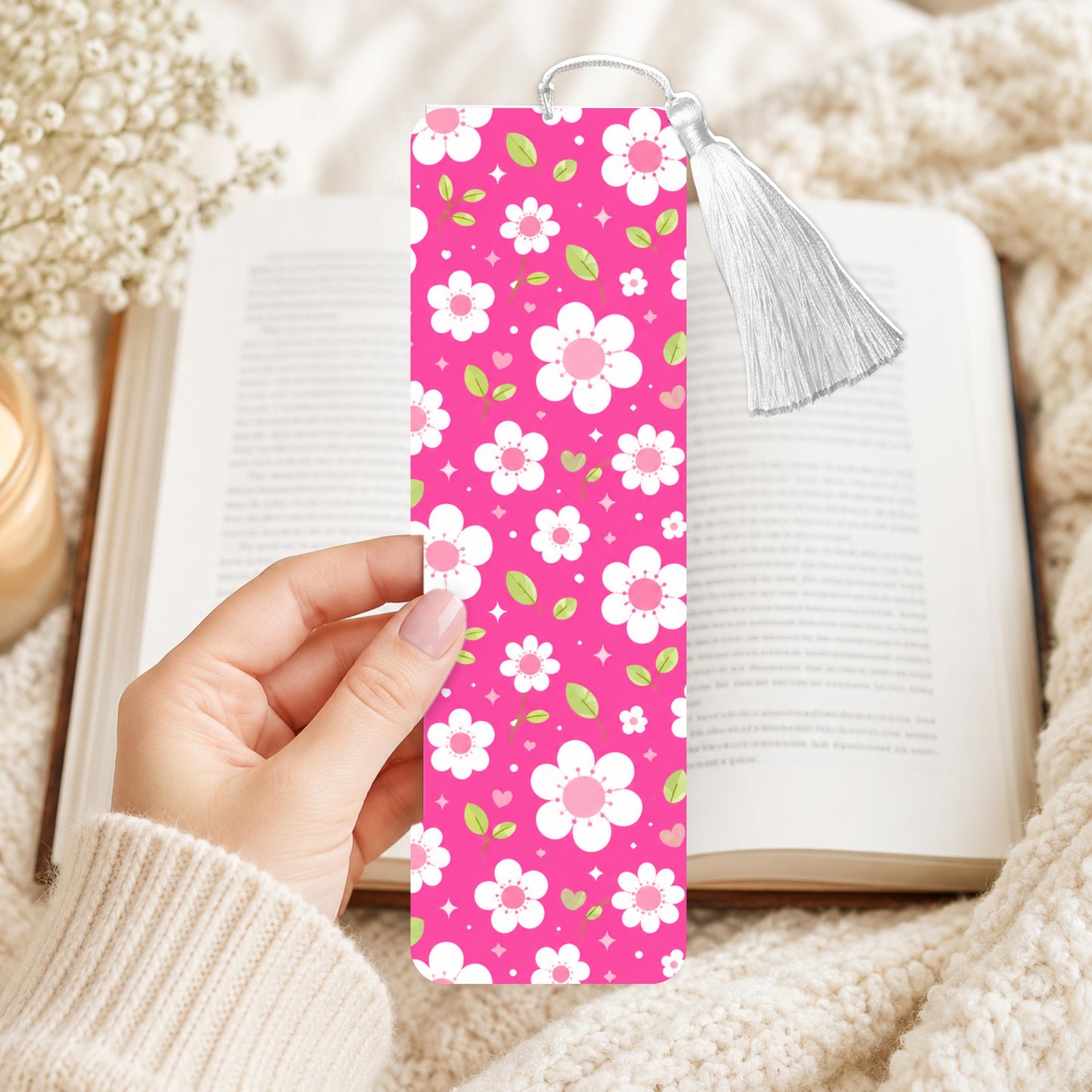 Pink And White Floral Aluminum Bookmark