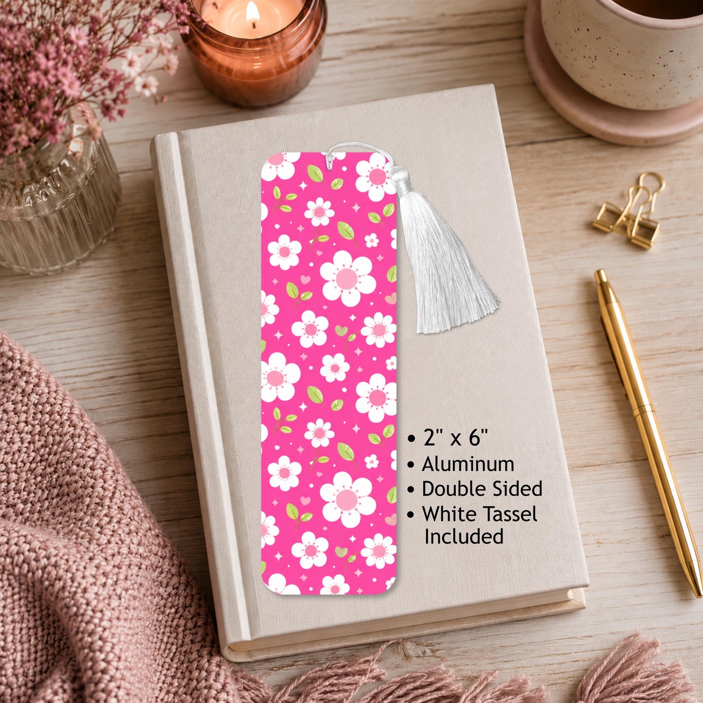 Pink And White Floral Aluminum Bookmark