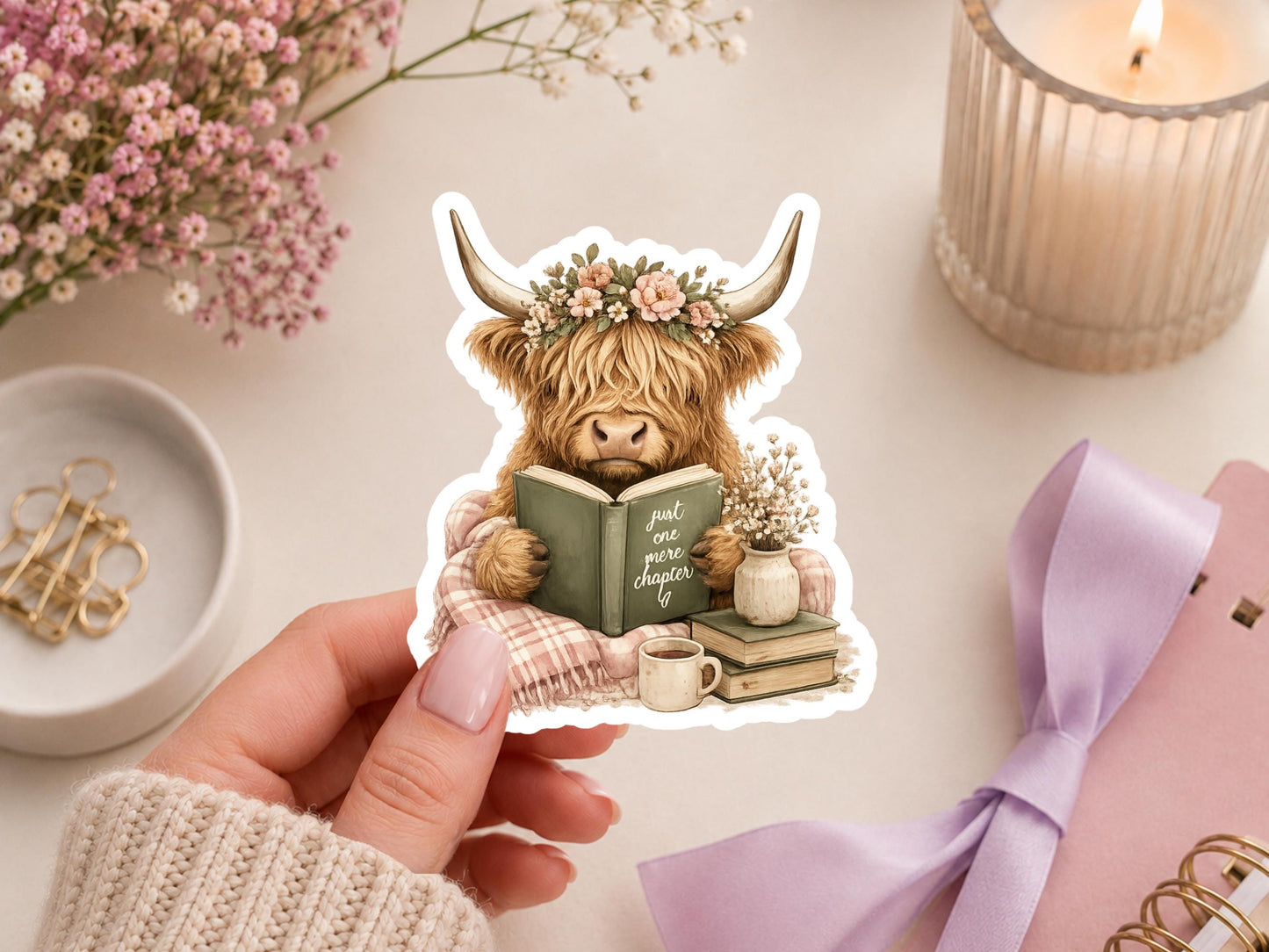 Just One More Chapter Highland Cow Reading Sticker