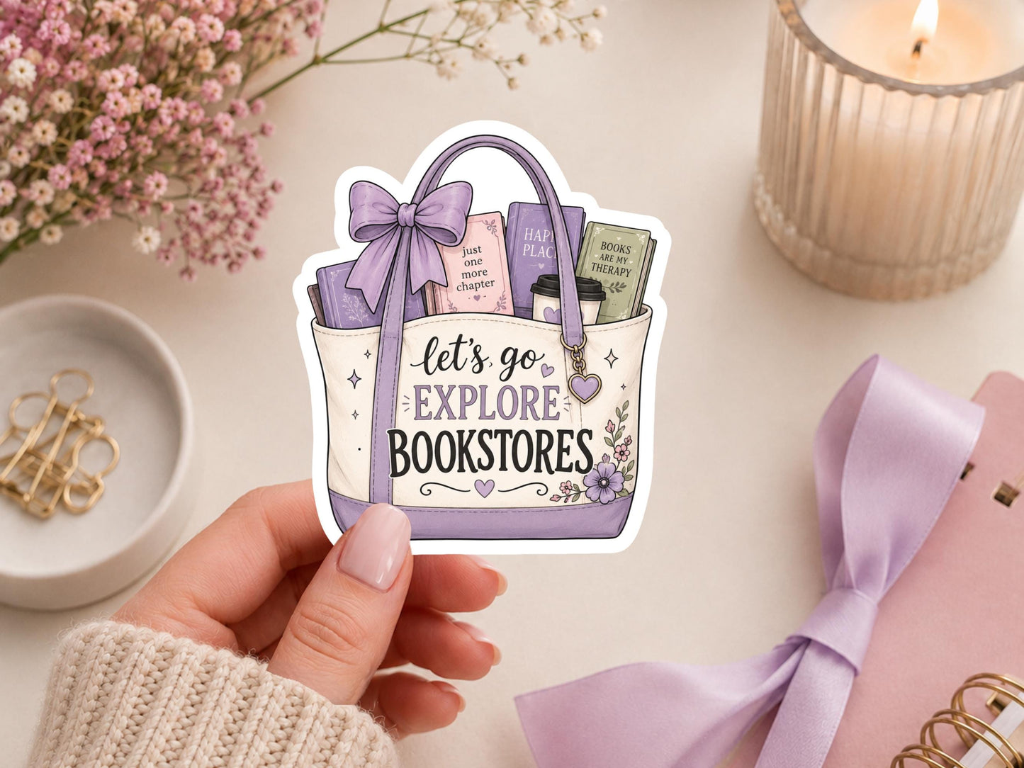 Let's Go Explore Bookstores Purse With Books Sticker