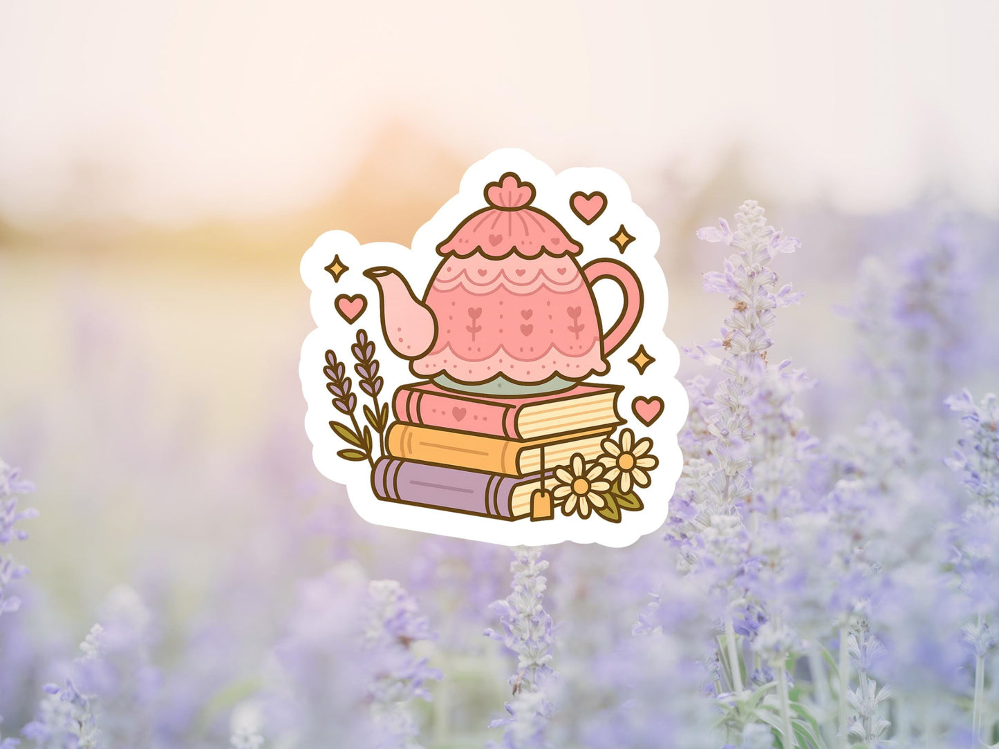 Pink Teapot On Book Stack Sticker