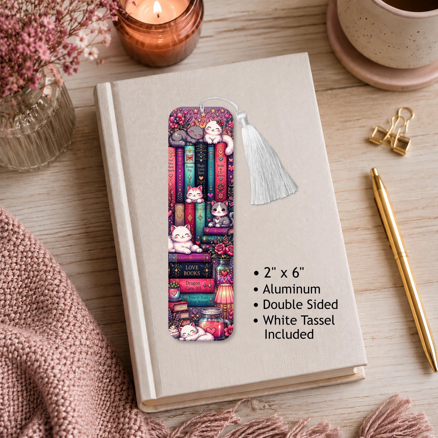 Cats And Books Aluminum Bookmark