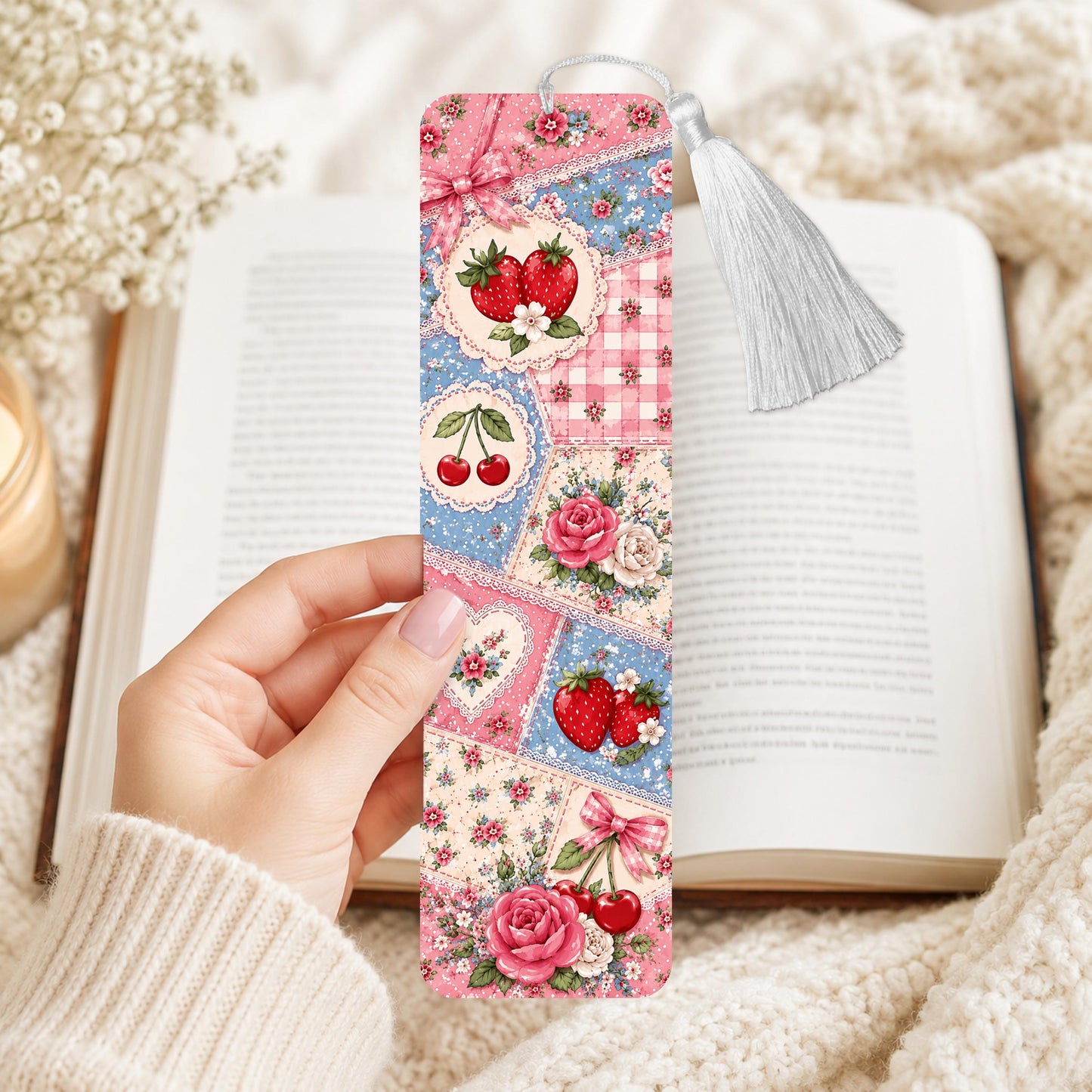 Strawberry And Rose Quilt Aluminum Bookmark