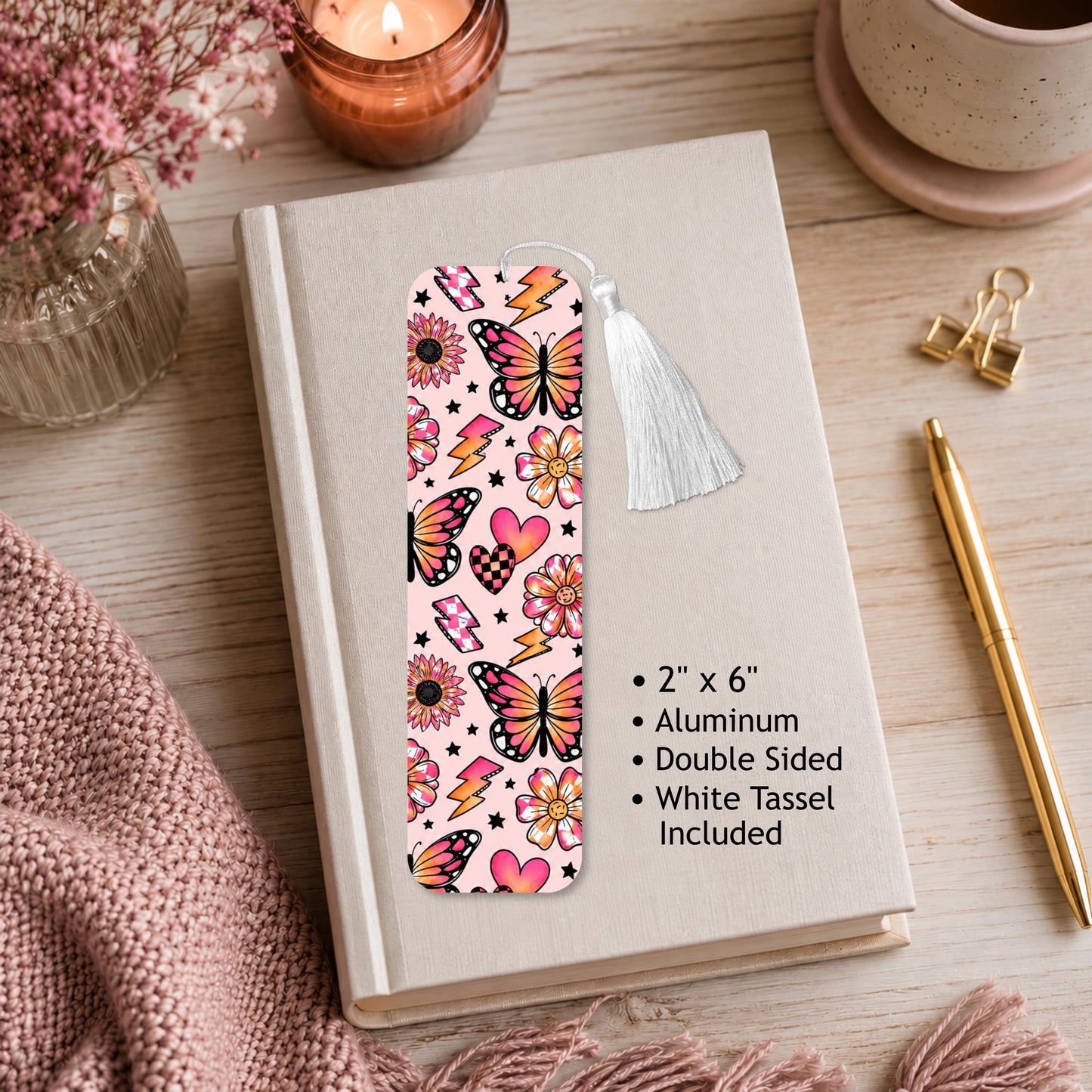 Pink Retro And Flower Aluminum Bookmark