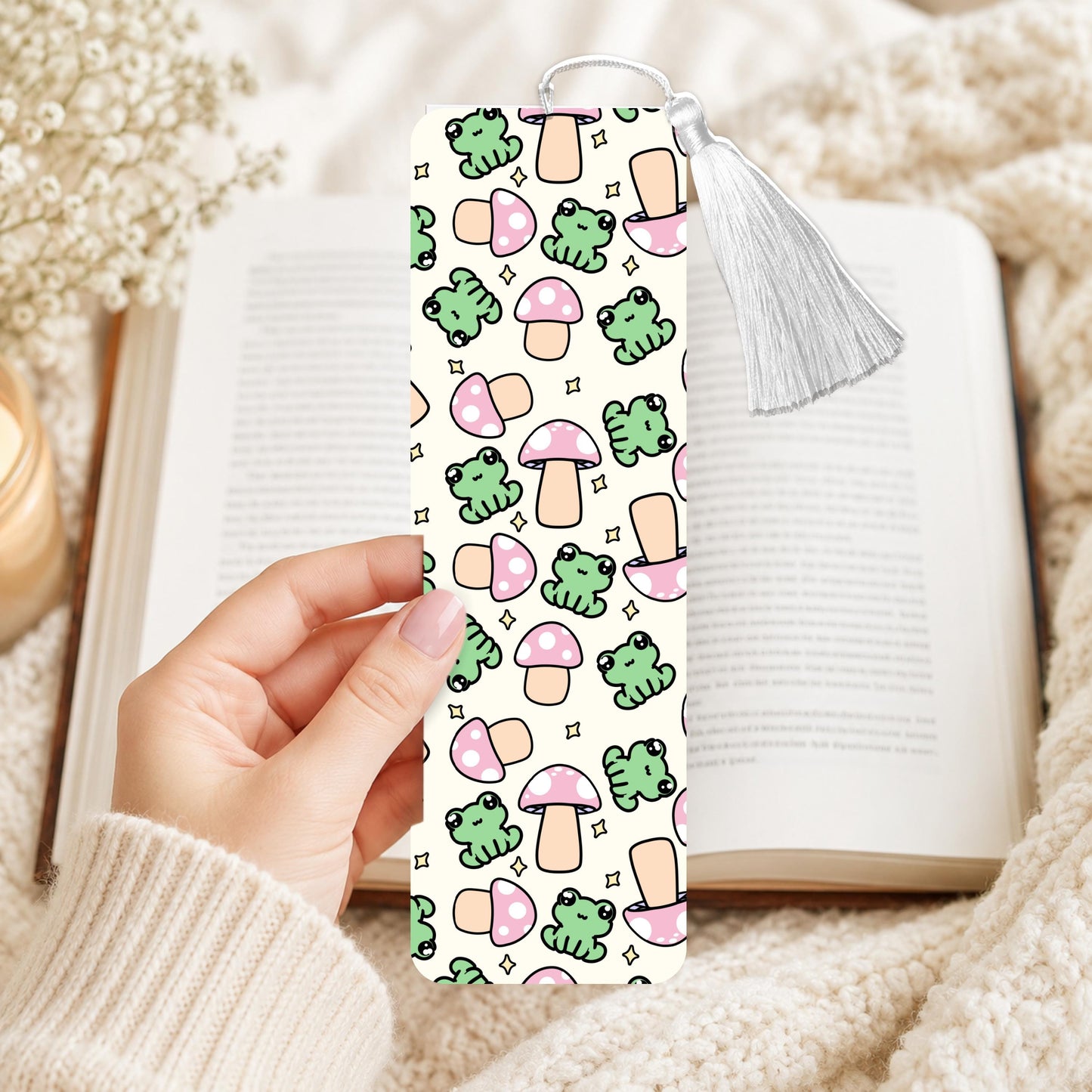 Green Frog And Mushrooms Aluminum Bookmark