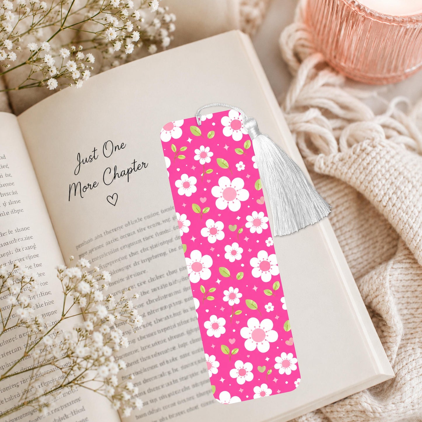 Pink And White Floral Aluminum Bookmark