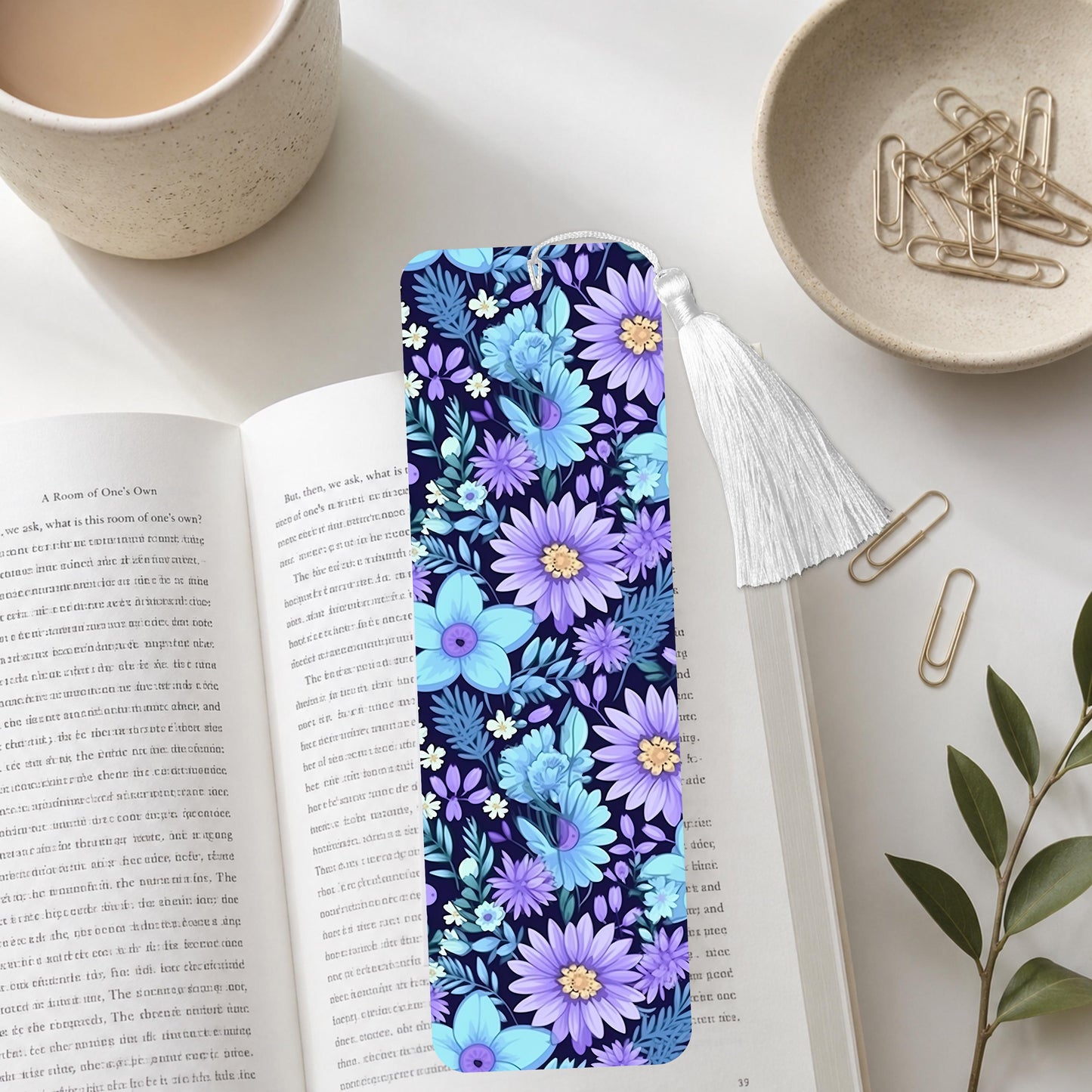 Blue And Teal Floral Aluminum Bookmark