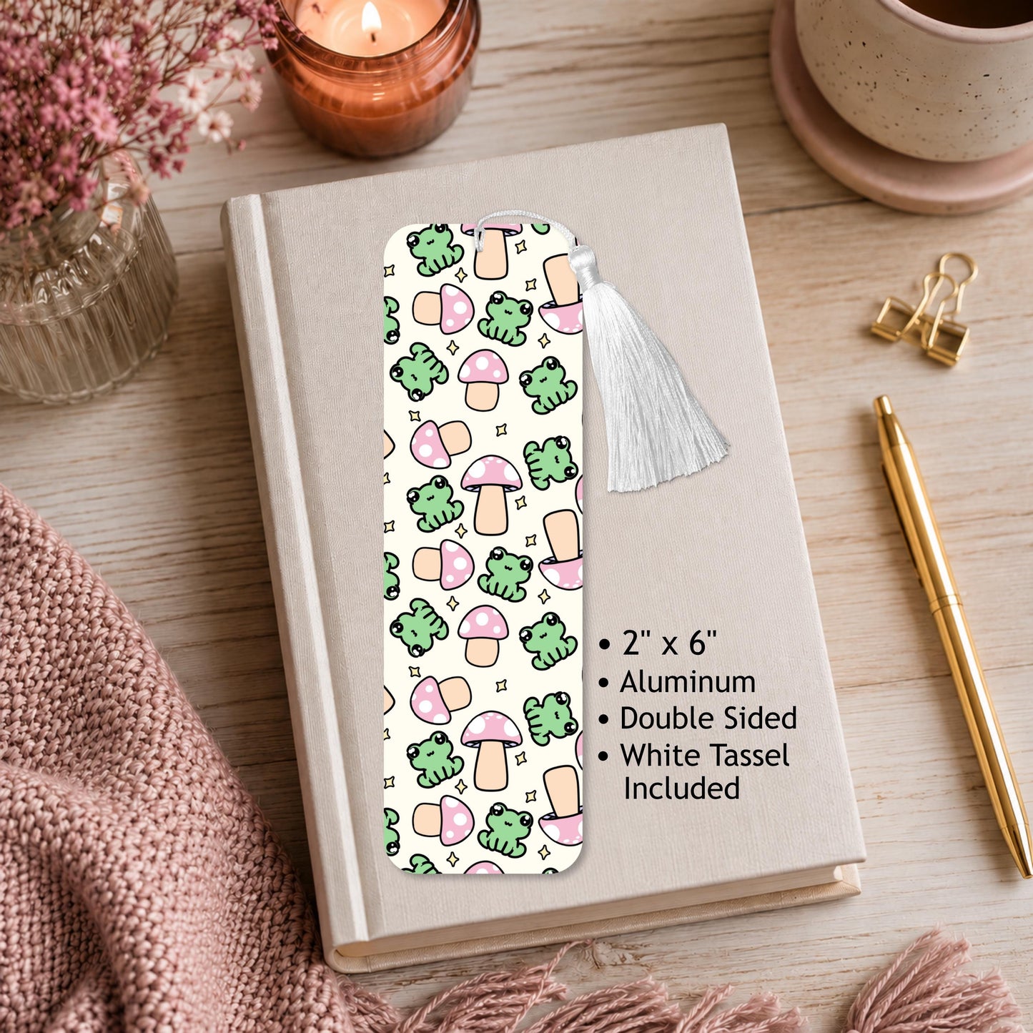 Green Frog And Mushrooms Aluminum Bookmark