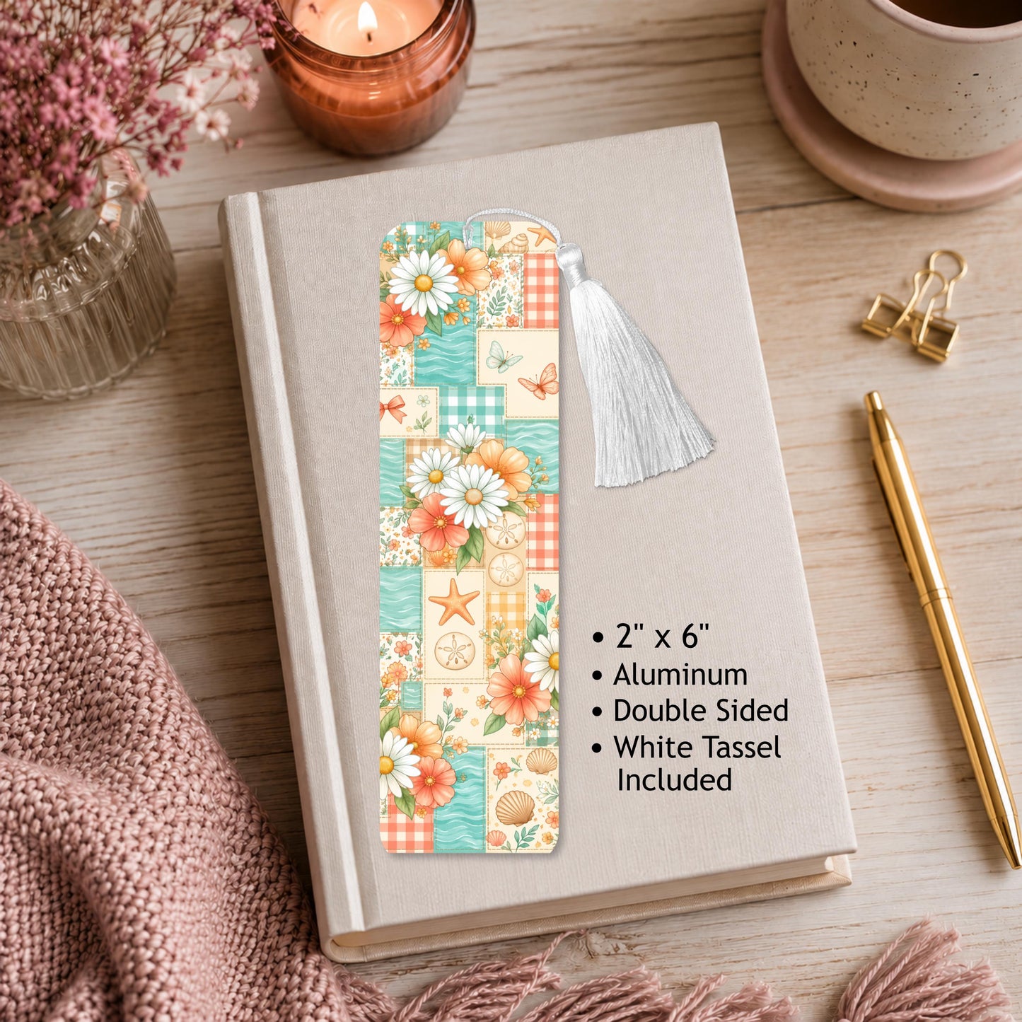 Seashell And Flower Patchwork Aluminum Bookmark