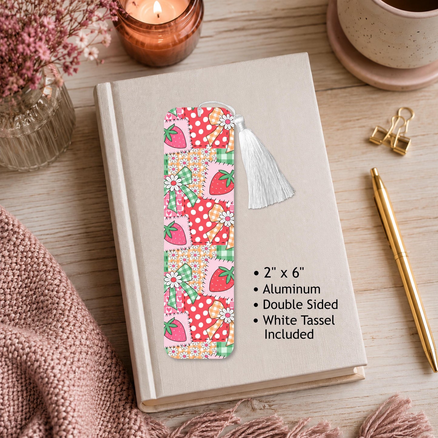 Summer Strawberry Patchwork Aluminum Bookmark