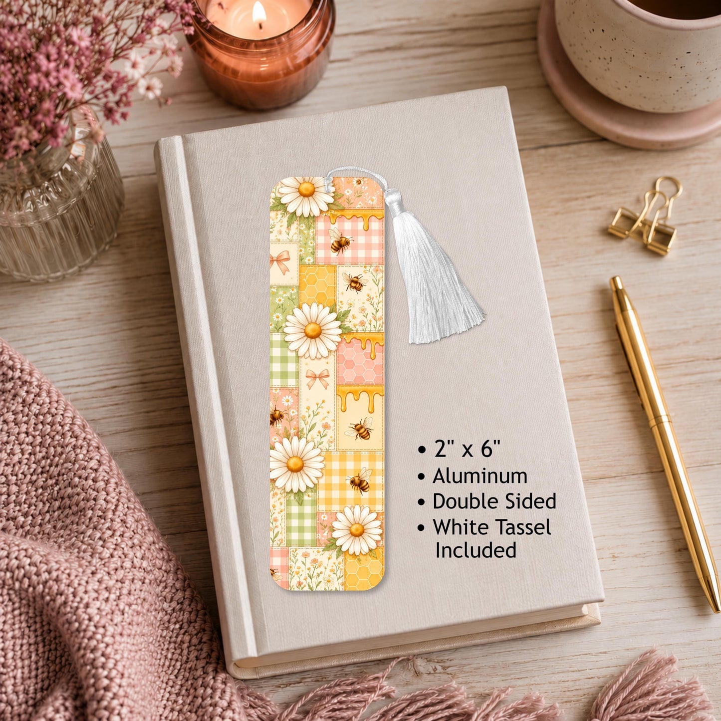 Daisy And Bees Patchwork Aluminum Bookmark