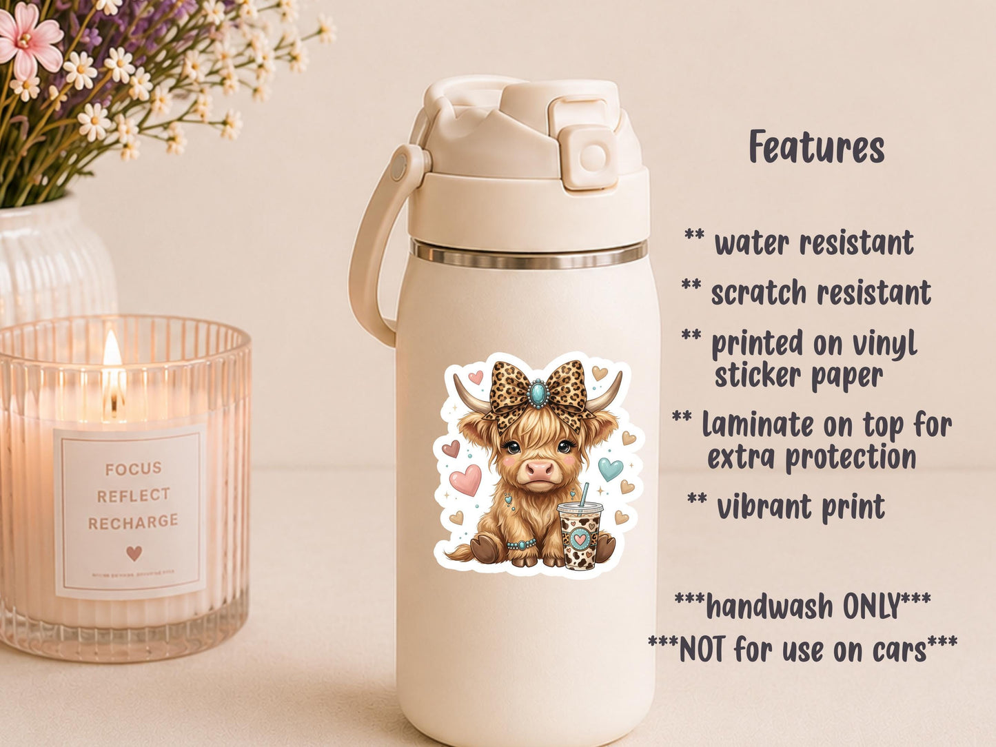 Boujee Highland Cow With Leopard Bow Sticker