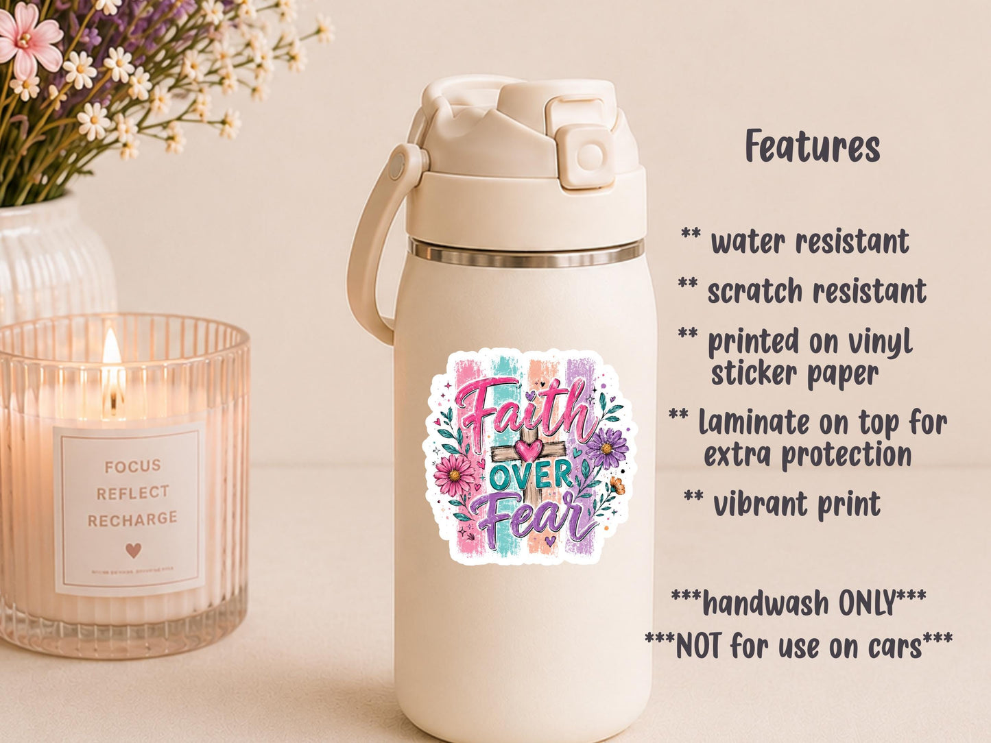 Distressed Faith Over Fear Floral Sticker