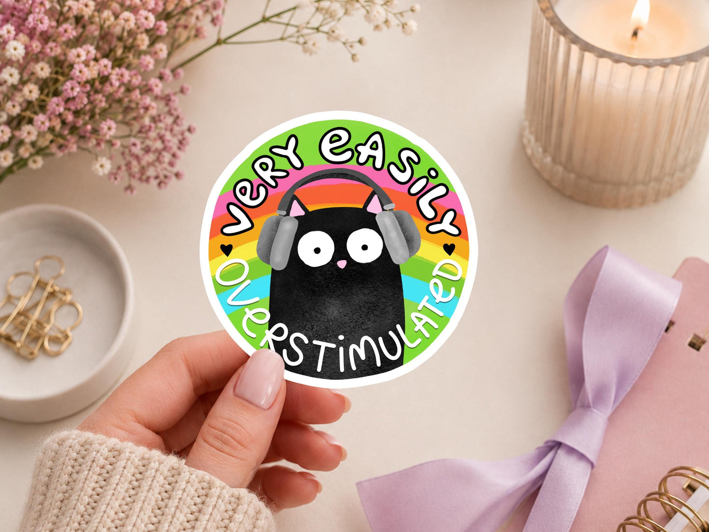 Very Easily Overstimulated Cat With Headphones Sticker