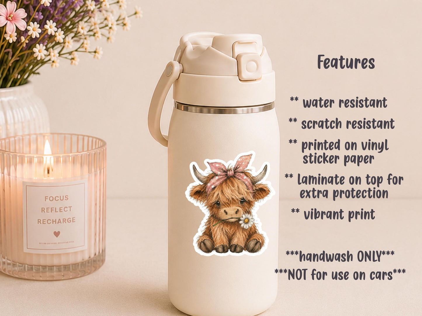 Highland Cow With Hair Bow And Daisy Sticker