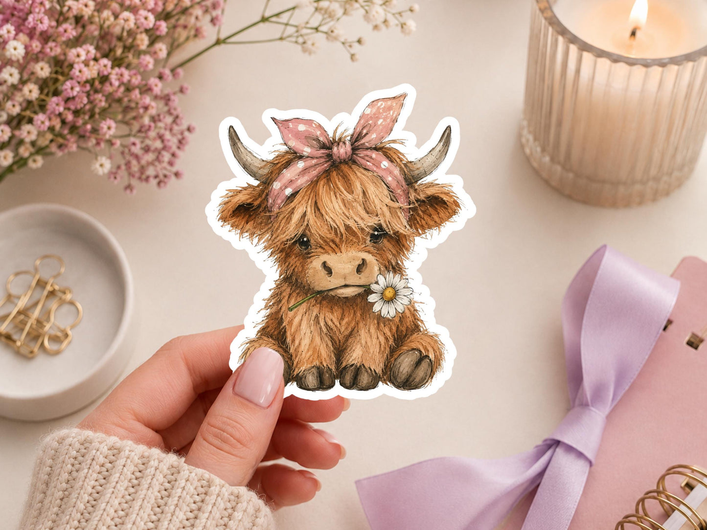 Highland Cow With Hair Bow And Daisy Sticker