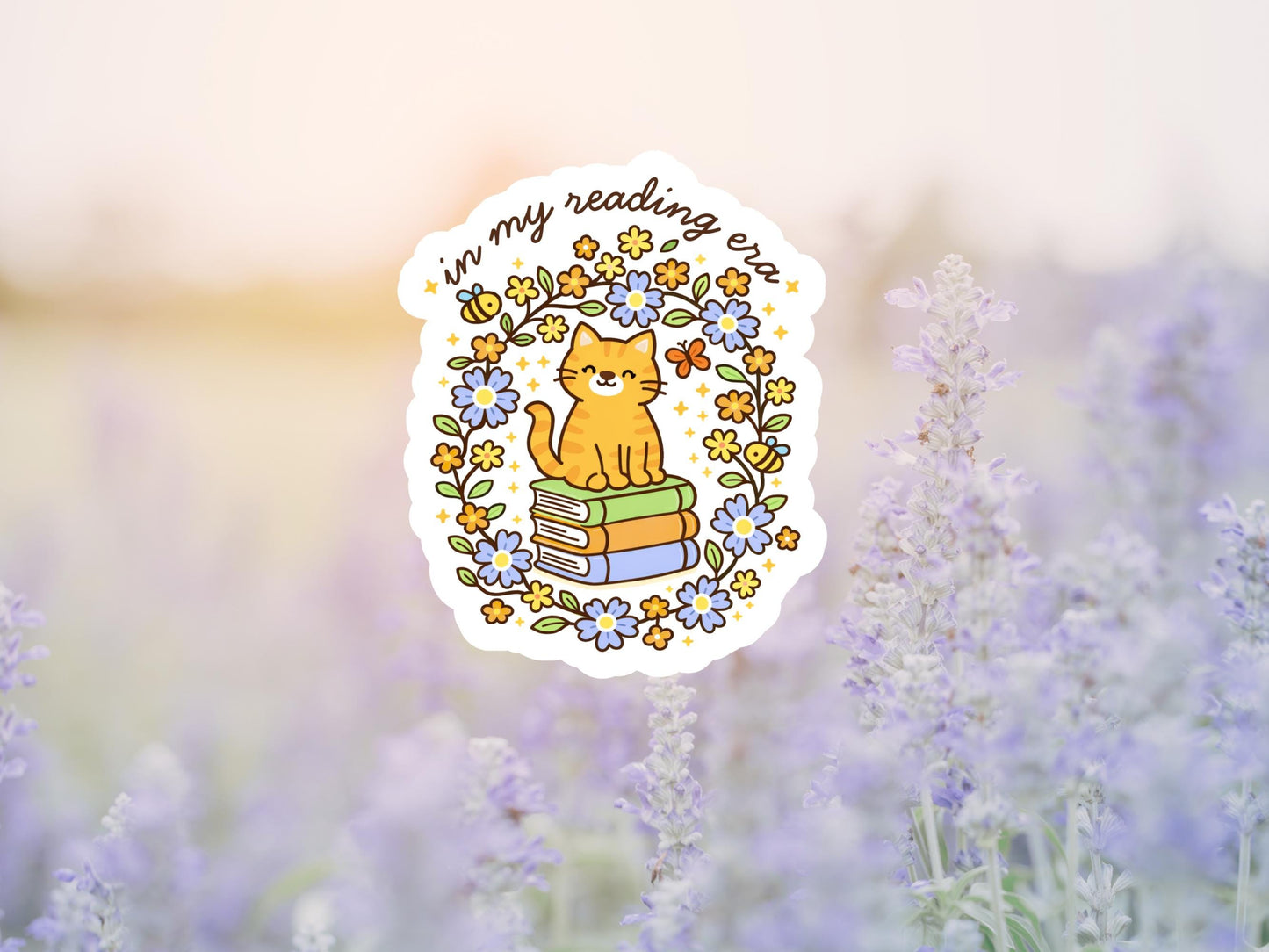 In My Reading Era Cat On Books Sticker