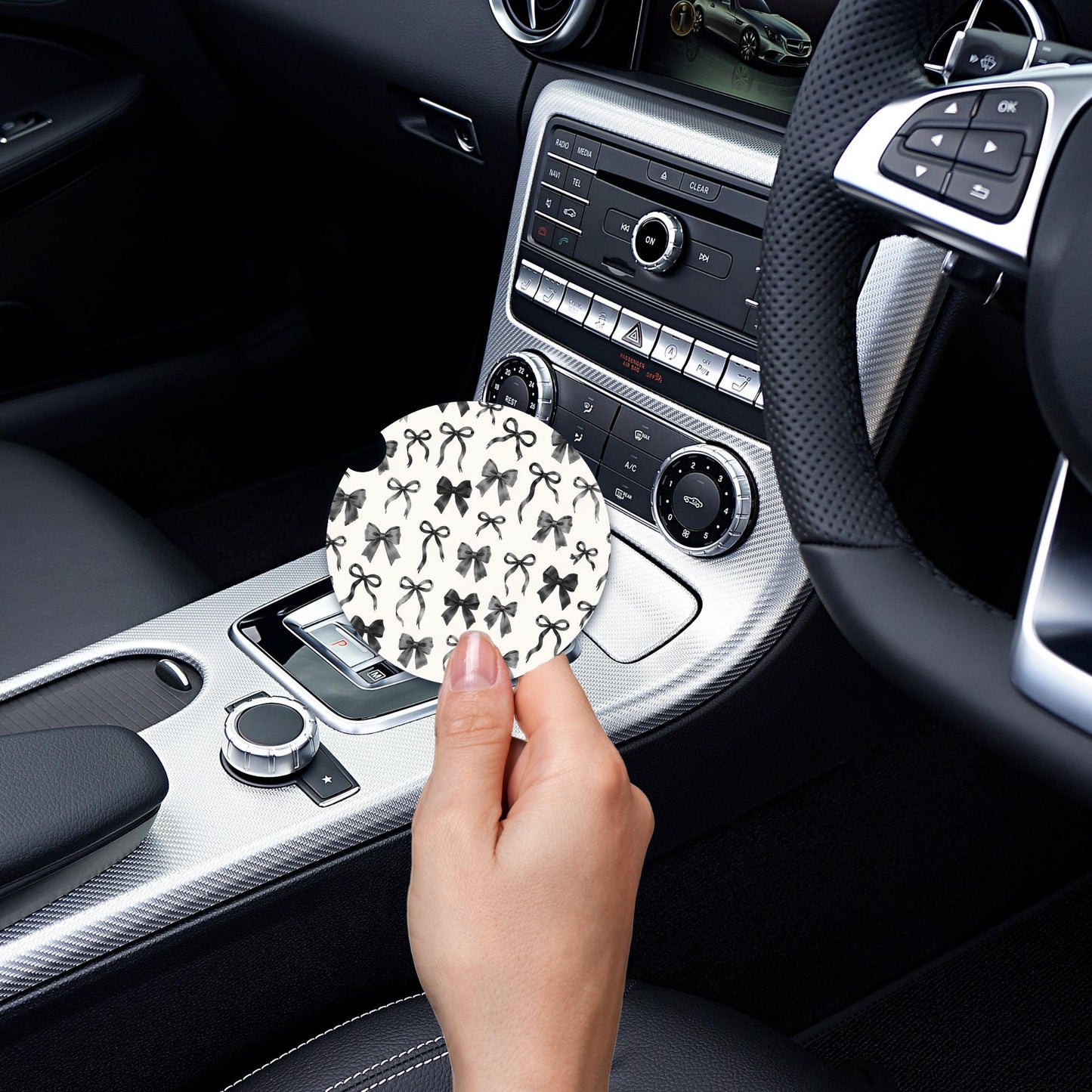 Black Bow Neoprene Car Coaster