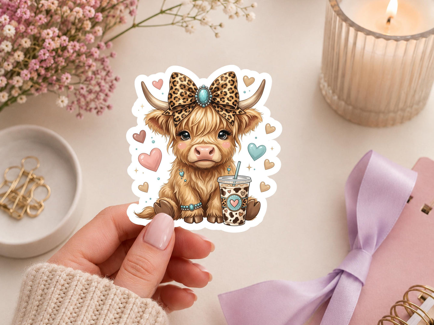 Boujee Highland Cow With Leopard Bow Sticker