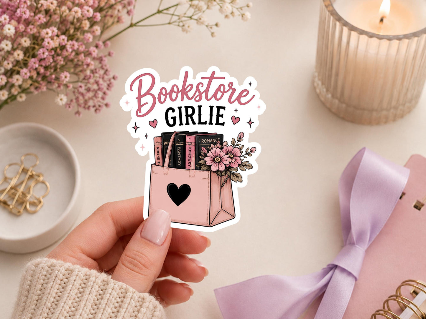 Bookstore Girlie Pink Bag With Books And Flowers Sticker