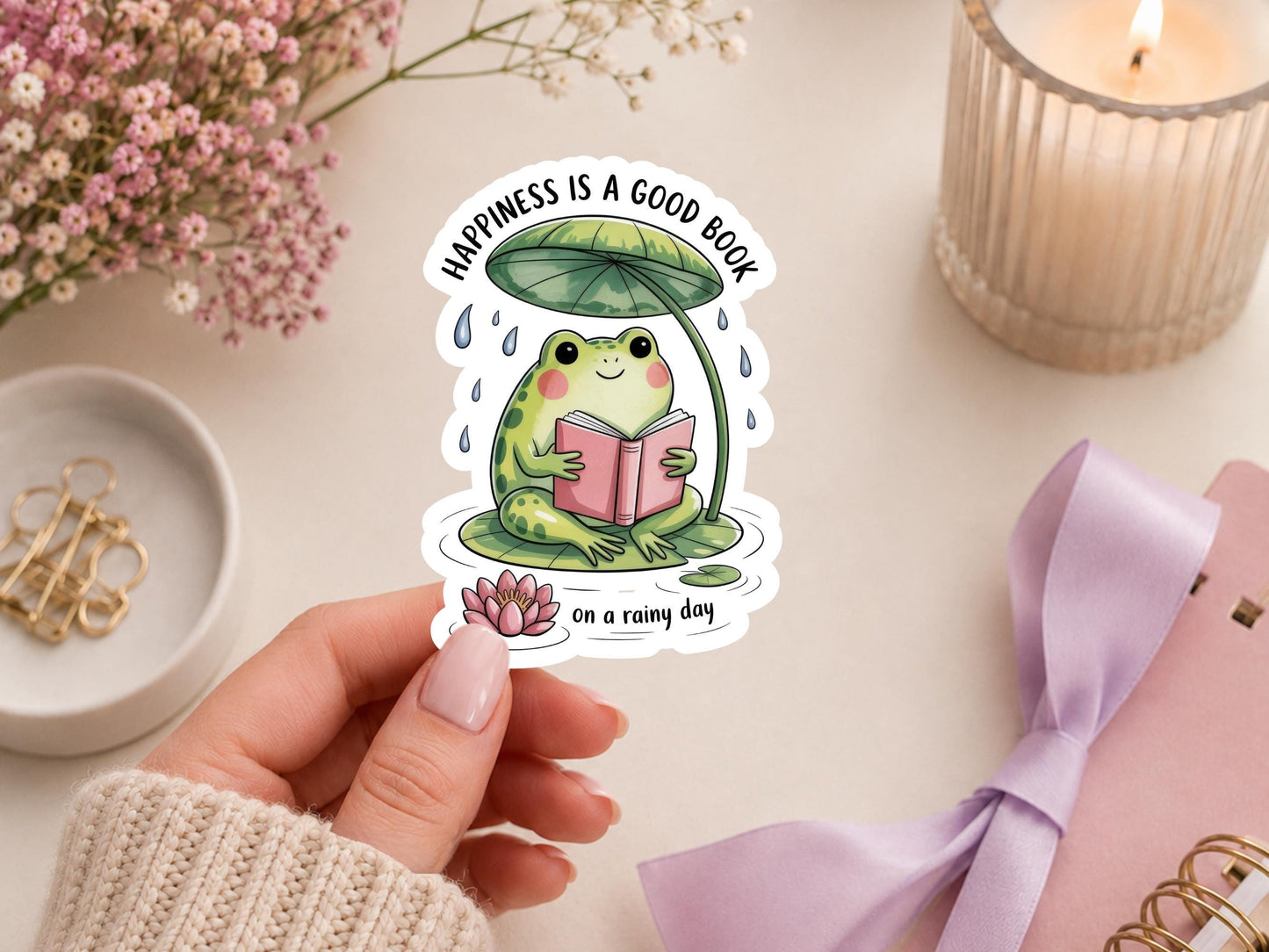 Happiness Is A Good Book On A Rainy Day Frog Sticker